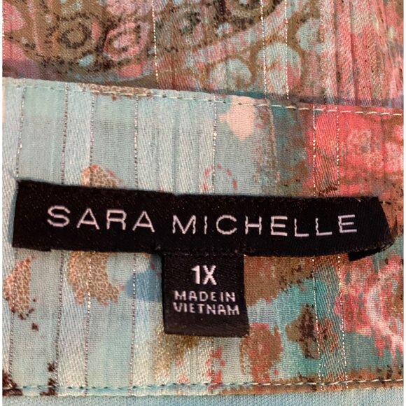 Sara Michelle Womens 1X Teal Pink Paisley Short Sleeve Top Lined Flowy Feminine - Picture 3 of 16
